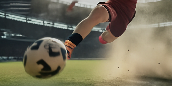 Vue en immersion d’un joueur de football en pleine frappe, captée en perspective dynamique sur le terrain.