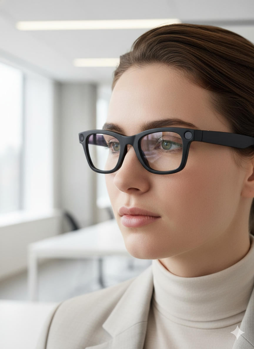 Femme portant des lunettes caméra intelligentes dans un environnement moderne, illustrant une nouvelle façon de filmer et de voir le monde