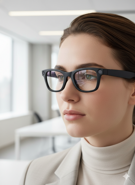 Femme portant des lunettes caméra intelligentes dans un environnement moderne, illustrant une nouvelle façon de filmer et de voir le monde