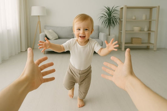 Vue en POV d’un parent accueillant un bébé qui marche vers lui pour la première fois.