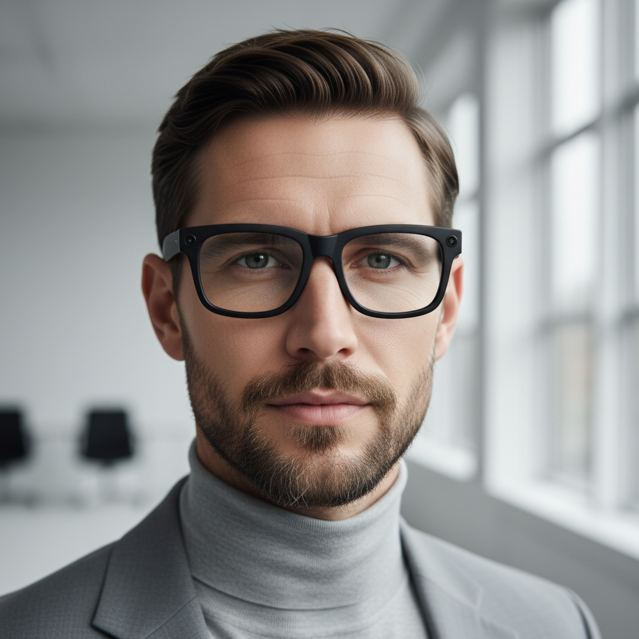 Homme élégant portant les lunettes intelligentes VisionPro Cam™ de View-AI, avec caméra intégrée et design professionnel