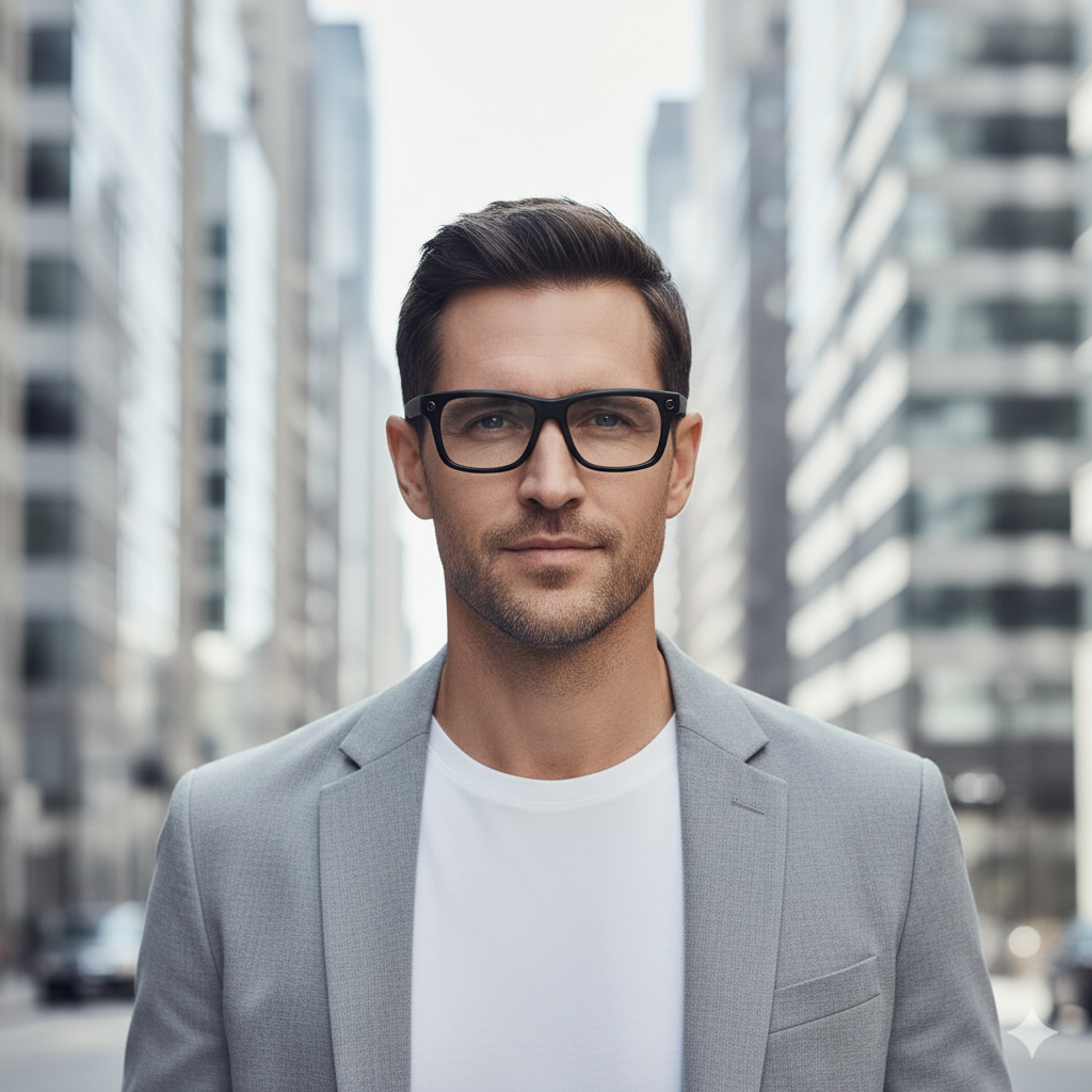 Homme urbain portant les lunettes intelligentes VisionPro Cam™ de View-AI dans une rue moderne