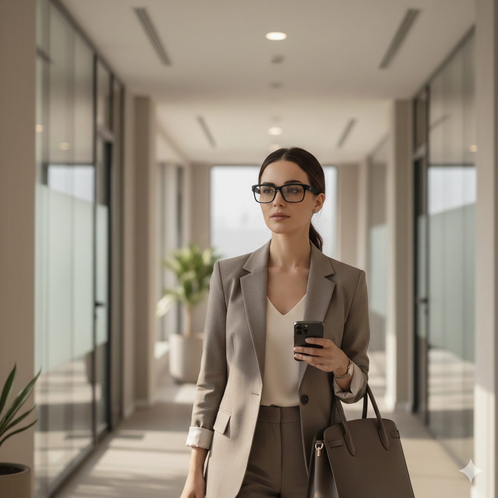 Femme d’affaires portant les lunettes intelligentes VisionPro Cam™ dans un bureau moderne, capturant des vidéos en toute discrétion.